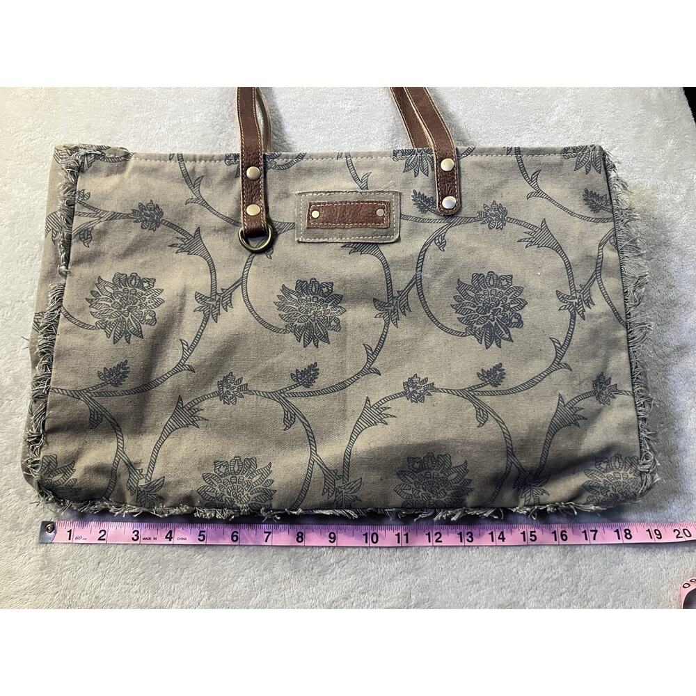 Myra Bag Gray Floral Zip Tote w/ Brown Leather Double Handles Lined Pockets - Picture 8 of 10